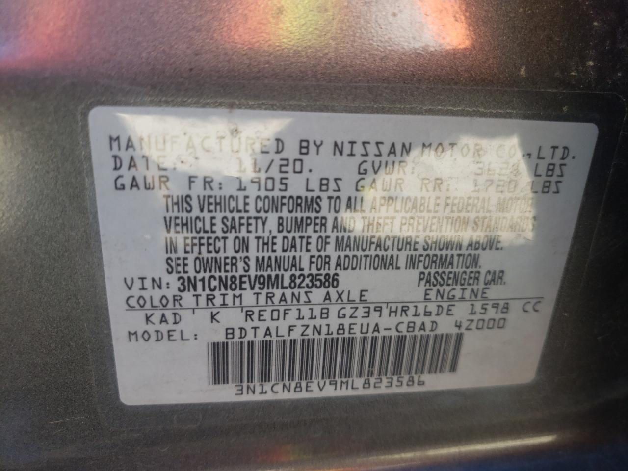 Photo 10 from auction – 2021 NISSAN VERSA SV with VIN 3N1CN8EV9ML823586