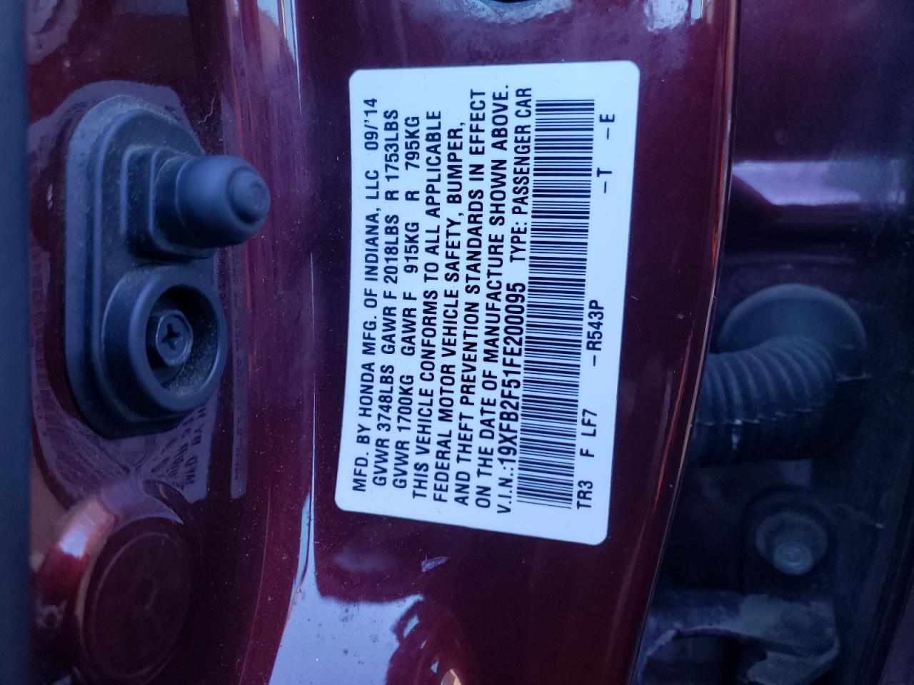 Photo 10 from auction – 2015 HONDA CIVIC LX with VIN 19XFB2F51FE200095