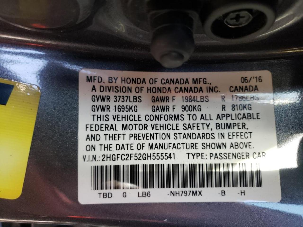 Photo 10 from auction – 2016 HONDA CIVIC LX with VIN 2HGFC2F52GH555541