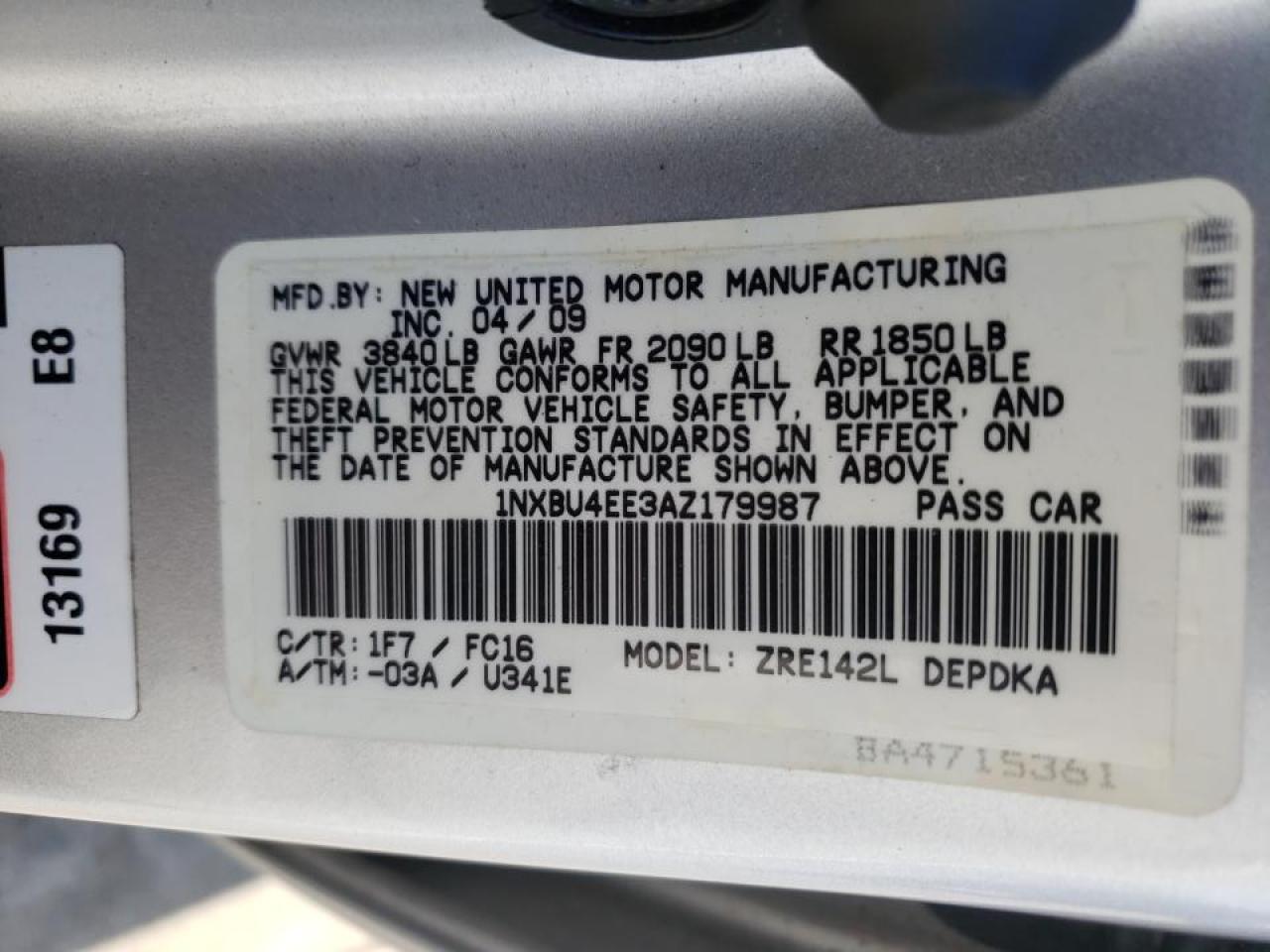 Photo 10 from auction – 2010 TOYOTA COROLLA BA with VIN 1NXBU4EE3AZ179987
