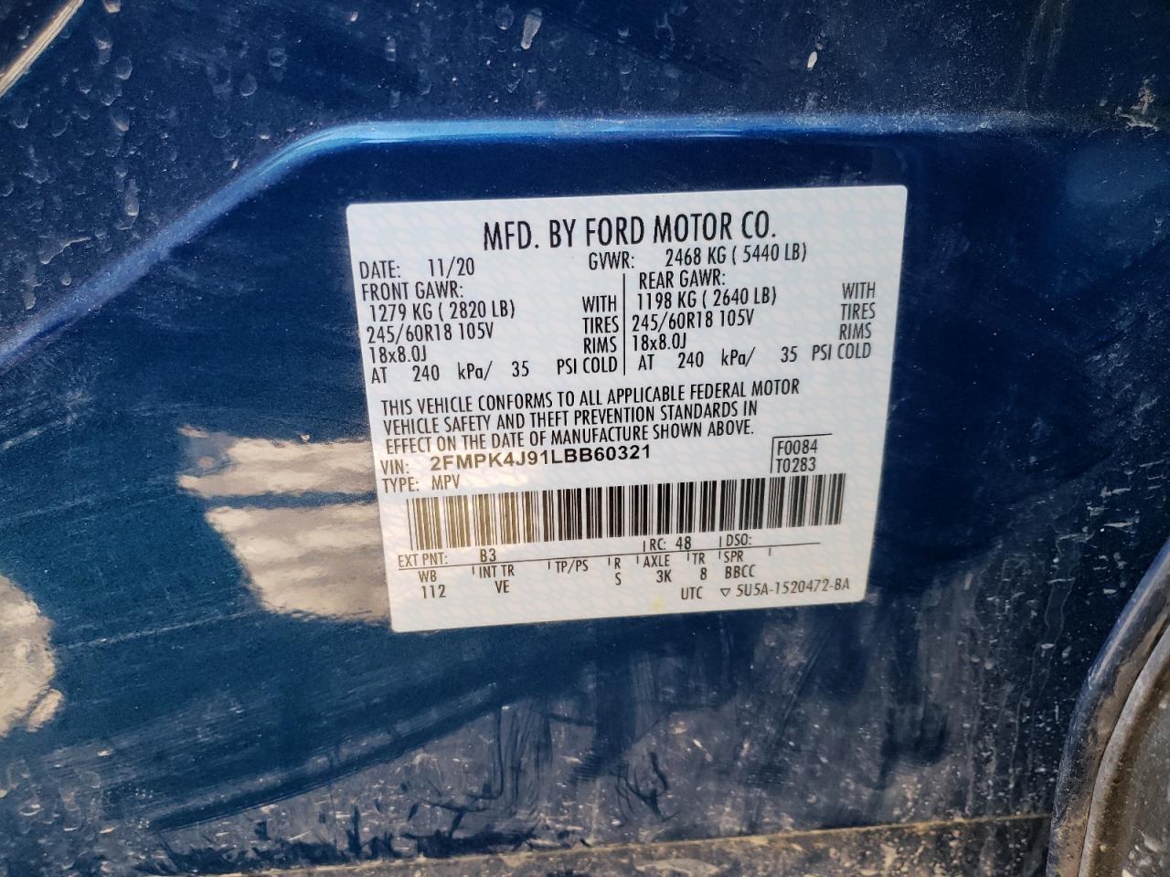 Photo 10 from auction – 2020 FORD EDGE SEL with VIN 2FMPK4J91LBB60321