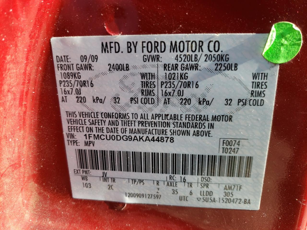 Photo 10 from auction – 2010 FORD ESCAPE XLT with VIN 1FMCU0DG9AKA44878
