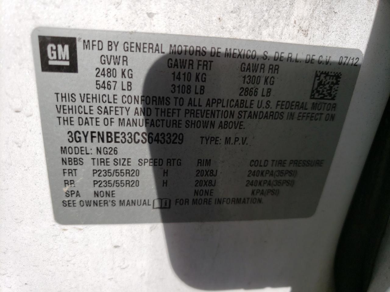 Photo 10 from auction – 2012 CADILLAC SRX PERFOR with VIN 3GYFNBE33CS643329