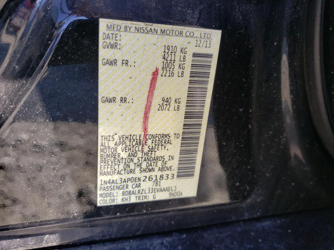 Photo 10 from auction – 2014 NISSAN ALTIMA 2.5 with VIN 1N4AL3AP0EN261833