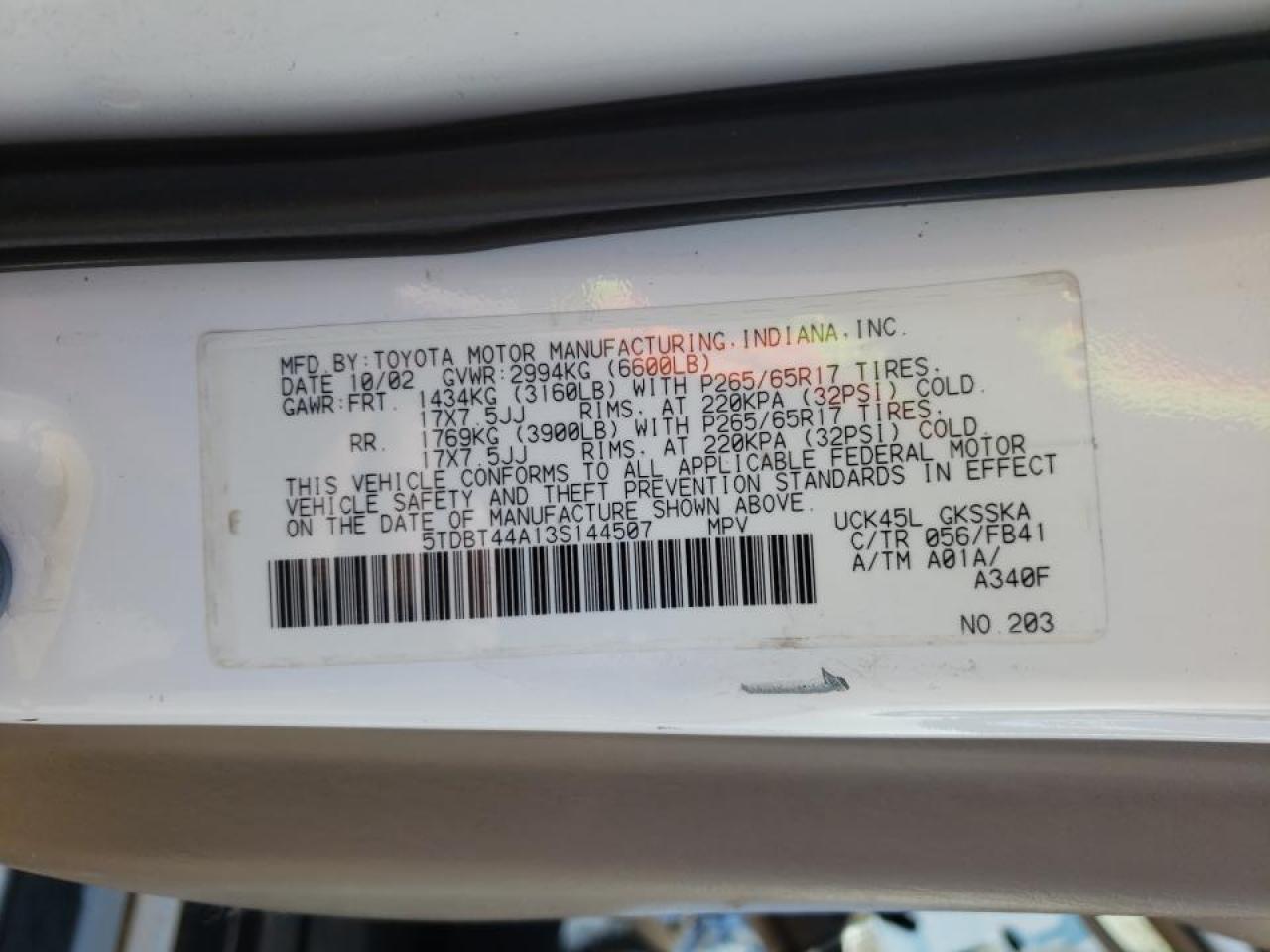 Photo 10 from auction – 2003 TOYOTA SEQUOIA SR with VIN 5TDBT44A13S144507