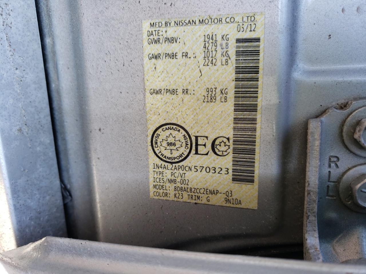 Photo 10 from auction – 2012 NISSAN ALTIMA BAS with VIN 1N4AL2AP0CN570323