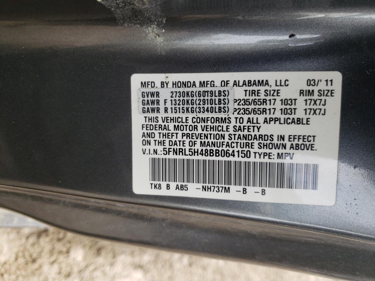 Photo 10 from auction – 2011 HONDA ODYSSEY EX with VIN 5FNRL5H48BB064150