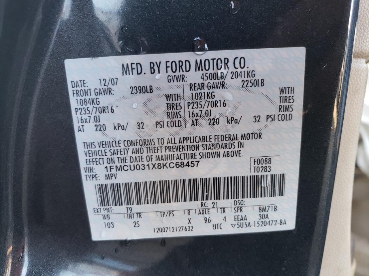 Photo 10 from auction – 2008 FORD ESCAPE XLT with VIN 1FMCU031X8KC68457