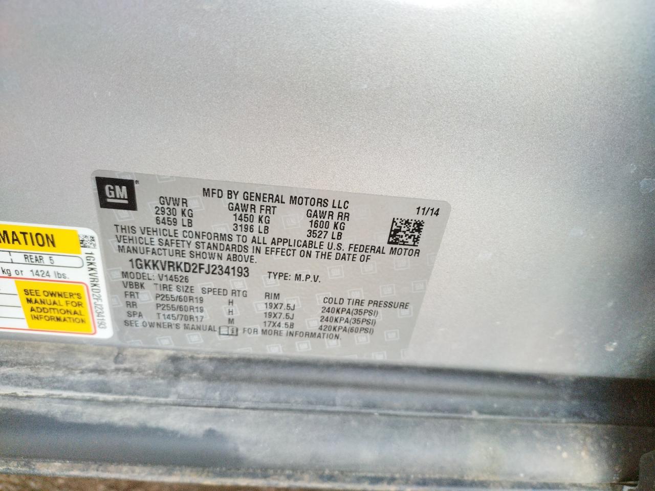 Photo 10 from auction – 2015 GMC ACADIA SLT with VIN 1GKKVRKD2FJ234193