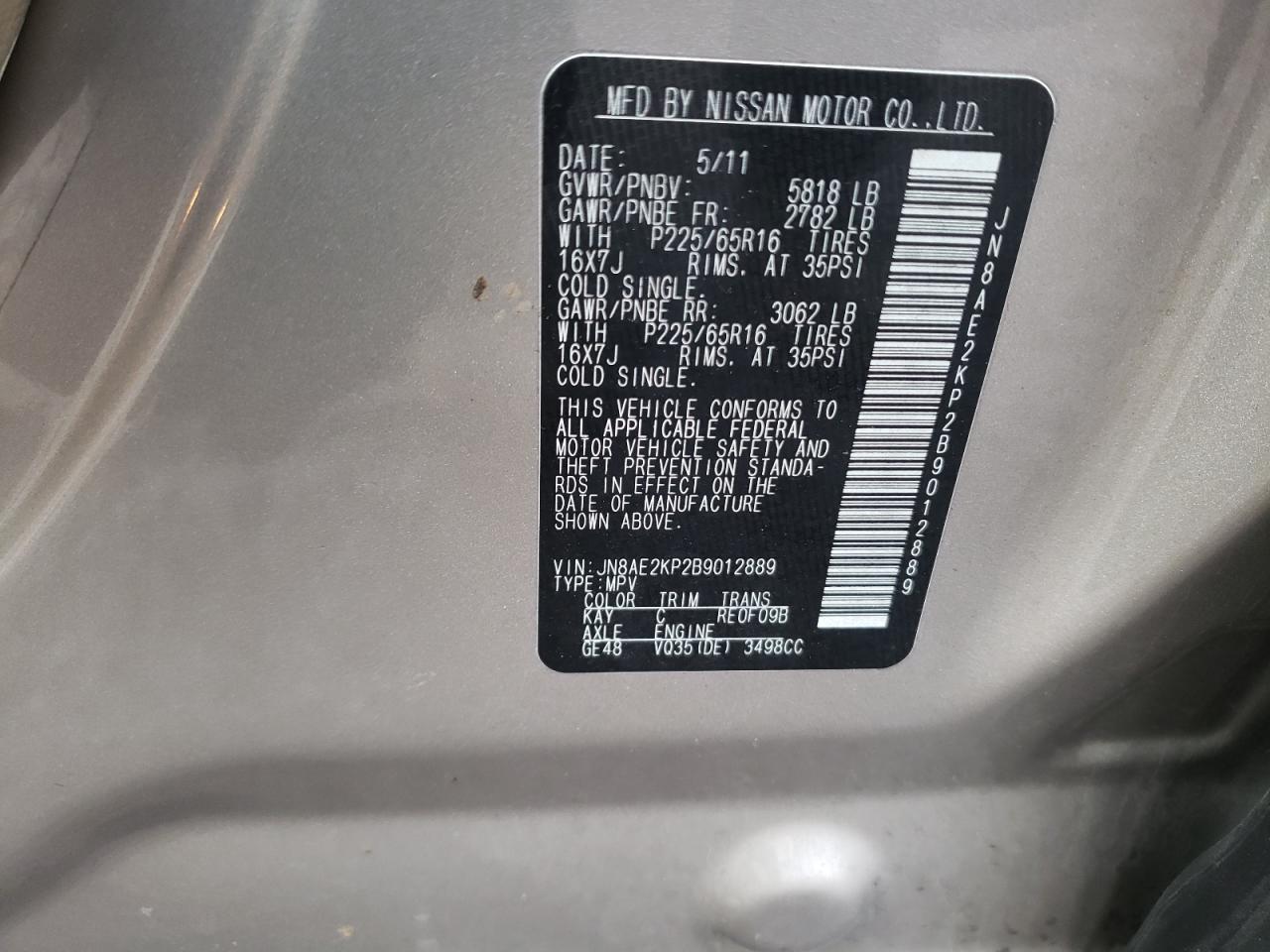 Photo 10 from auction – 2011 NISSAN QUEST S with VIN JN8AE2KP2B9012889