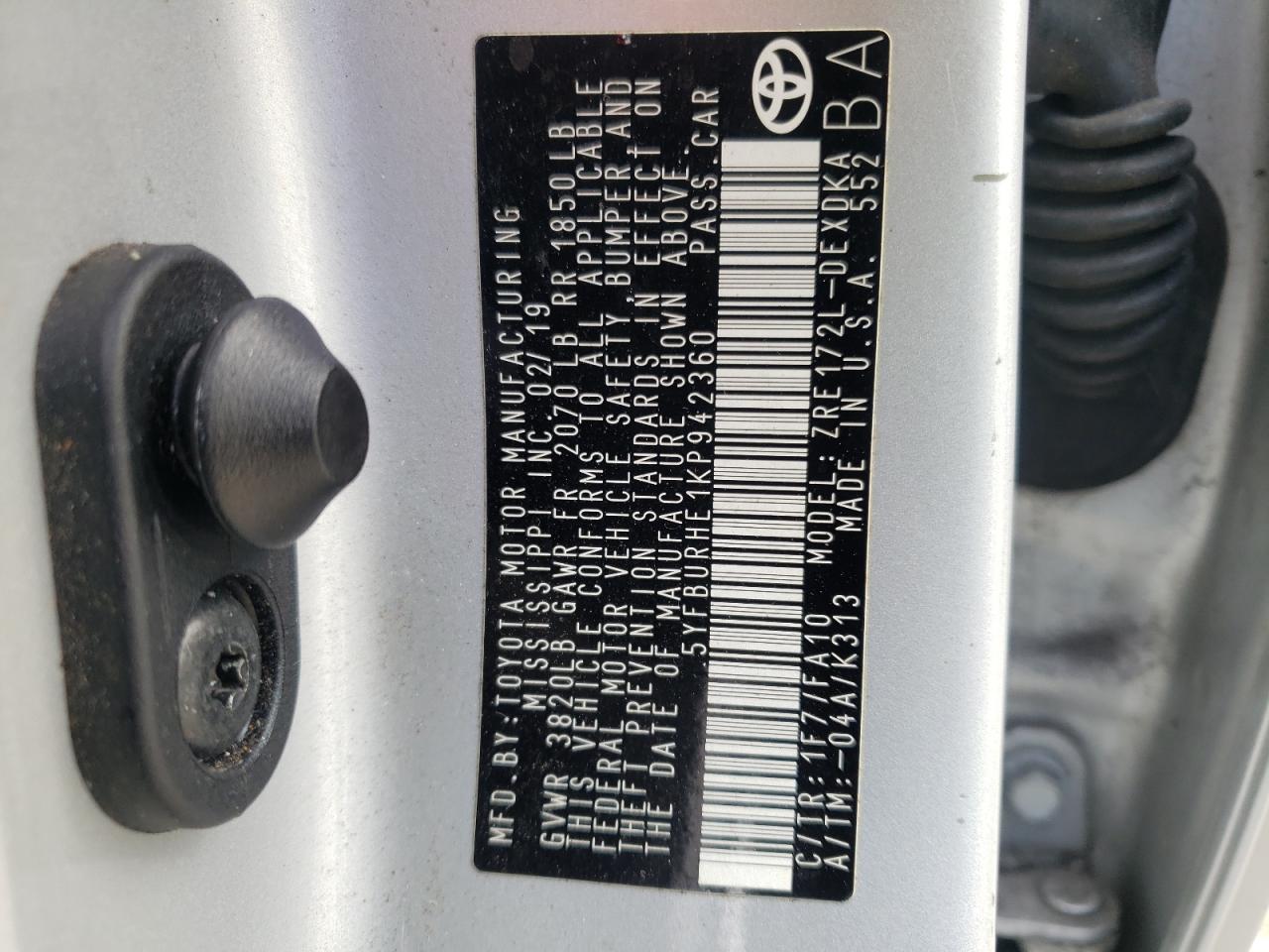 Photo 10 from auction – 2019 TOYOTA COROLLA L with VIN 5YFBURHE1KP942360