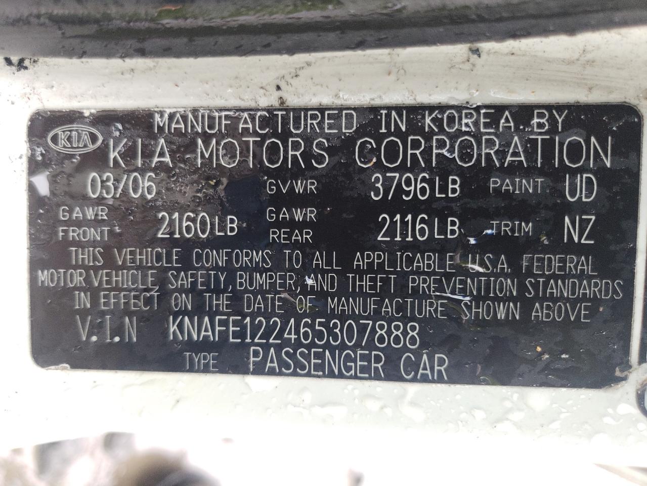 Photo 10 from auction – 2006 KIA SPECTRA LX with VIN KNAFE122465307888