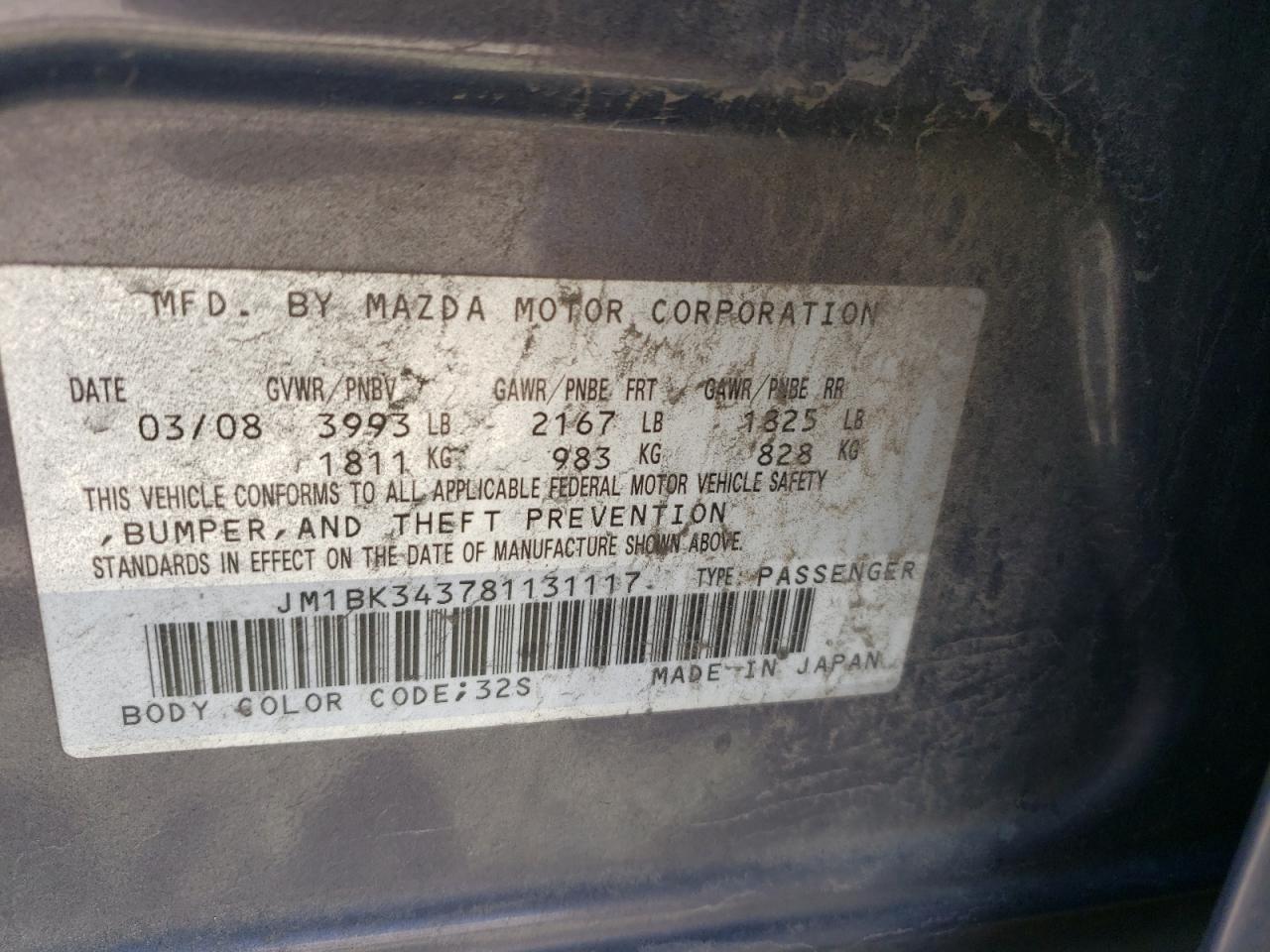 Photo 10 from auction – 2008 MAZDA 3 HATCHBAC with VIN JM1BK343781131117