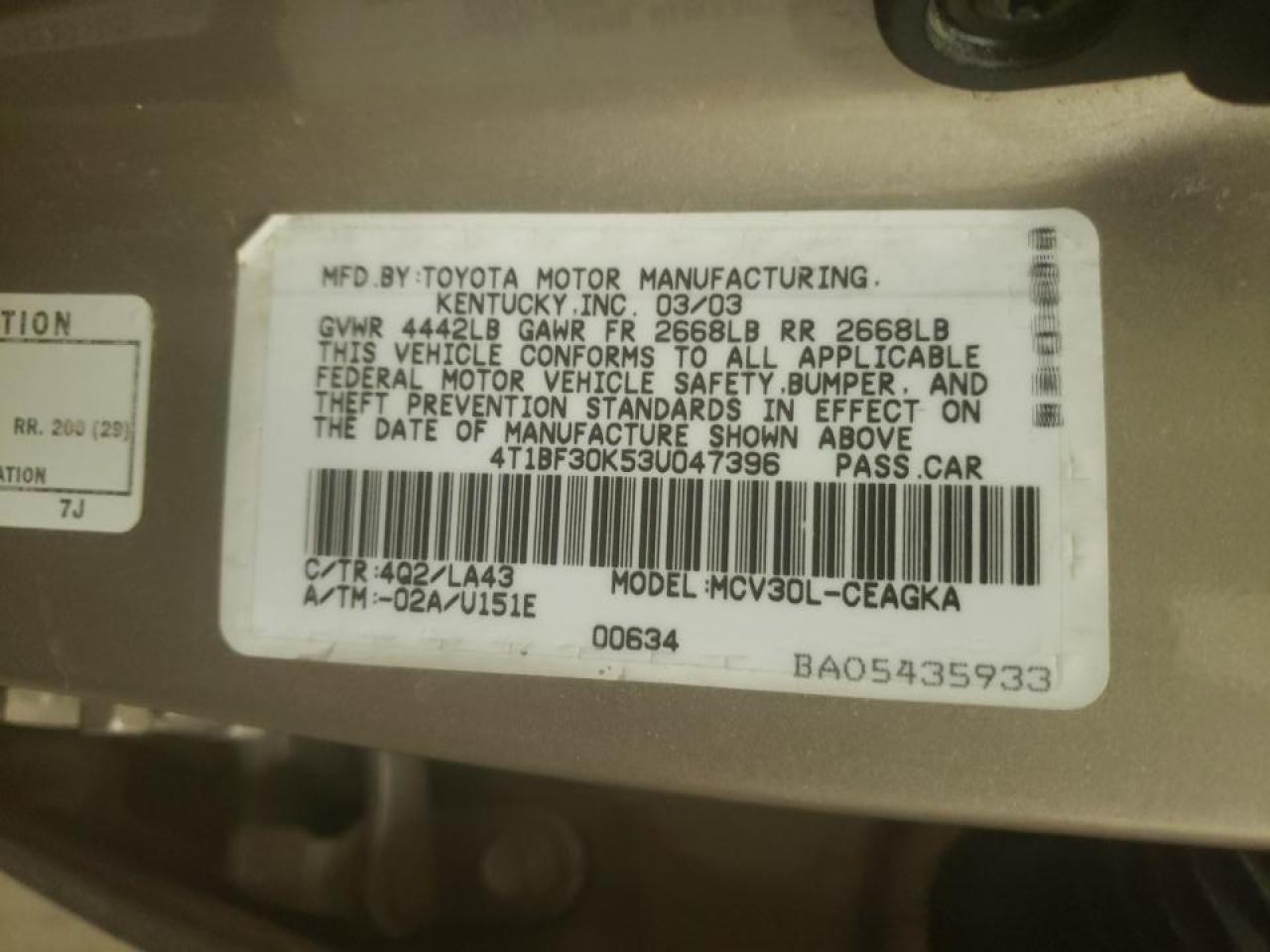 Photo 10 from auction – 2003 TOYOTA CAMRY LE with VIN 4T1BF30K53U047396