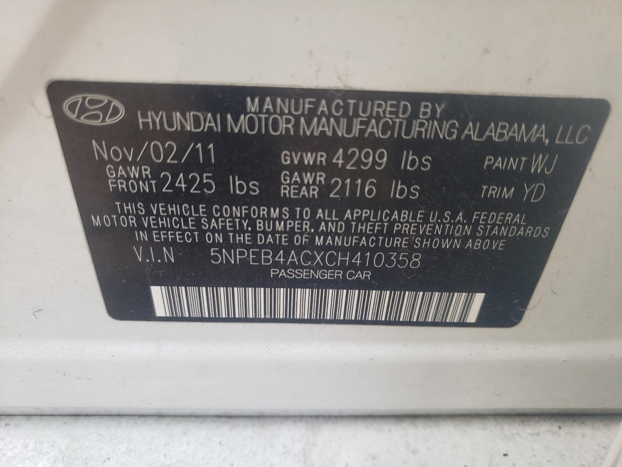 Photo 10 from auction – 2012 HYUNDAI SONATA GLS with VIN 5NPEB4ACXCH410358