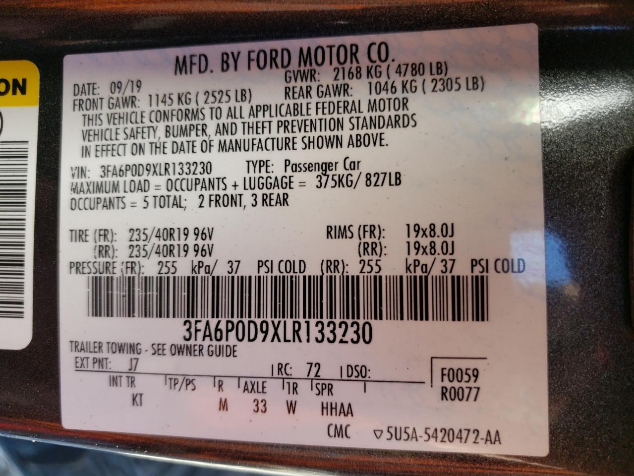 Photo 10 from auction – 2020 FORD FUSION TIT with VIN 3FA6P0D9XLR133230