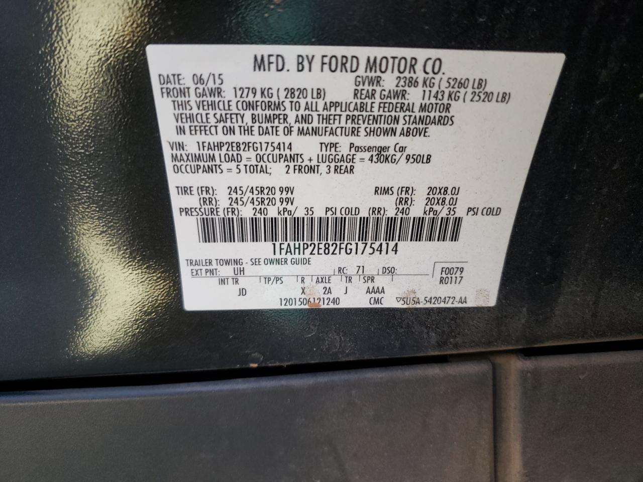 Photo 10 from auction – 2015 FORD TAURUS SEL with VIN 1FAHP2E82FG175414