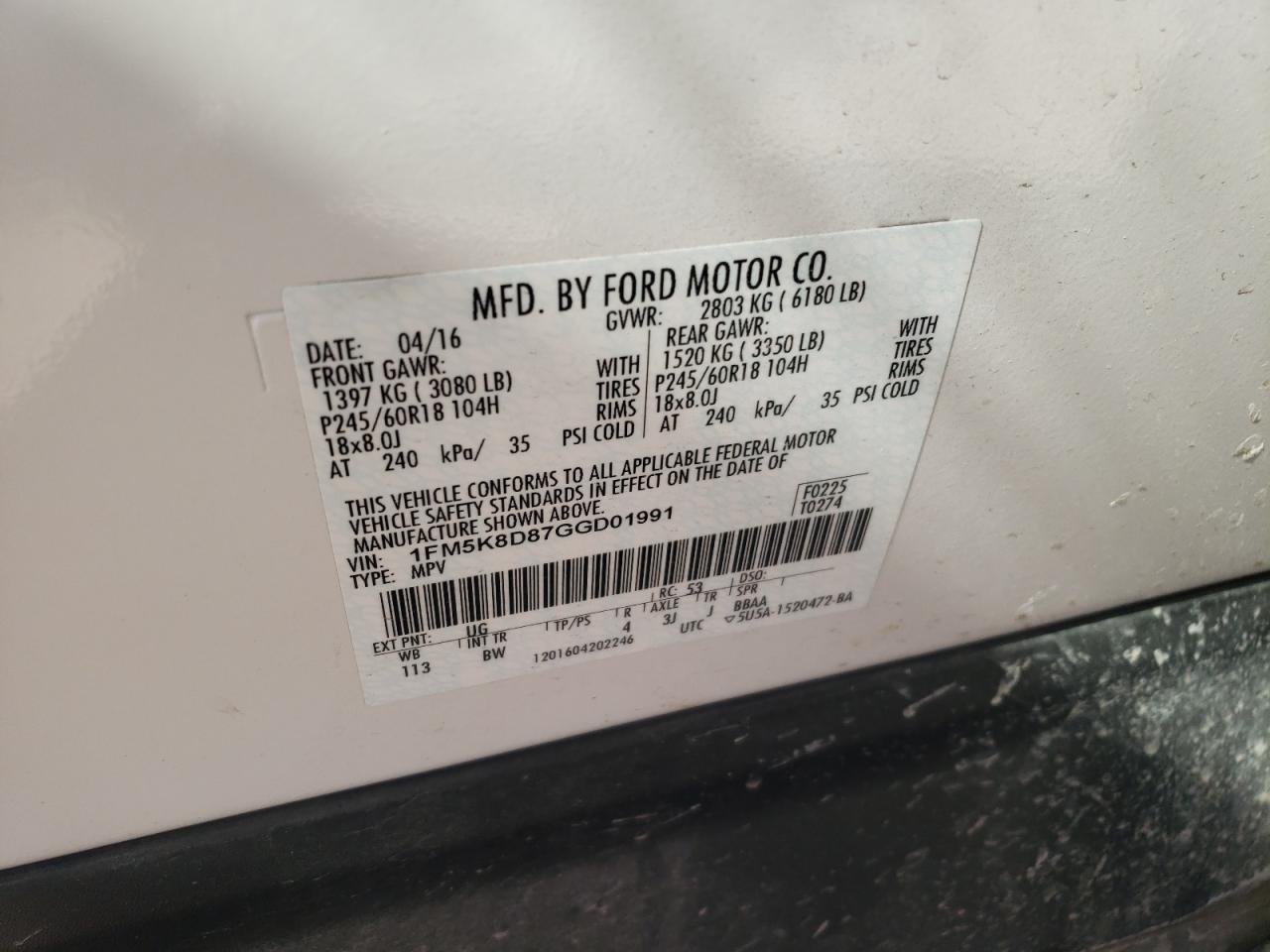 Photo 10 from auction – 2016 FORD EXPLORER X with VIN 1FM5K8D87GGD01991