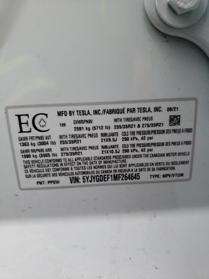 Photo 10 from auction – 2021 TESLA MODEL Y with VIN 5YJYGDEF1MF264645