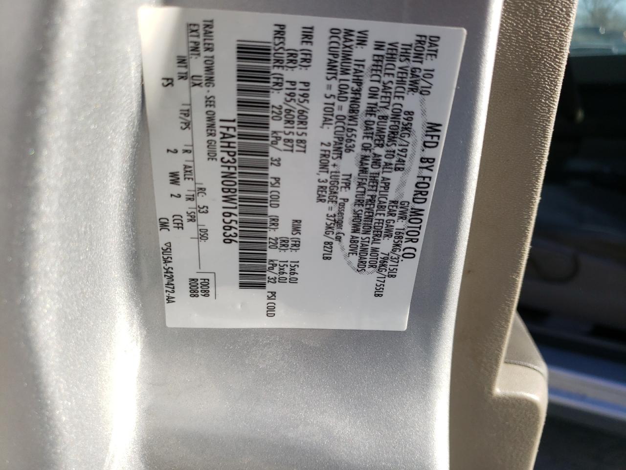 Photo 10 from auction – 2011 FORD FOCUS SE with VIN 1FAHP3FN0BW165636