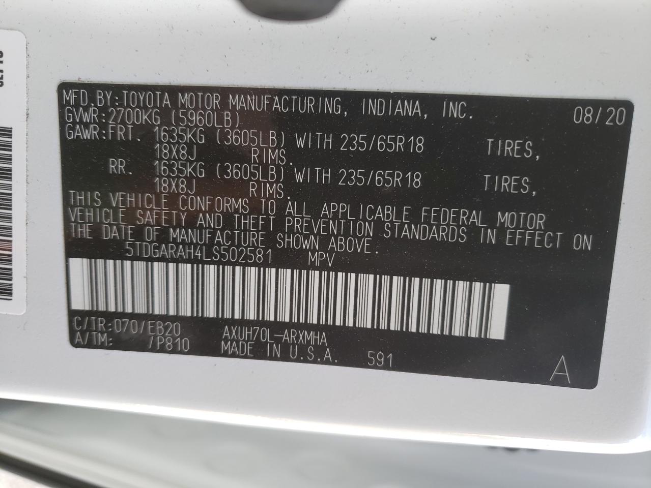 Photo 10 from auction – 2020 TOYOTA HIGHLANDER with VIN 5TDGARAH4LS502581