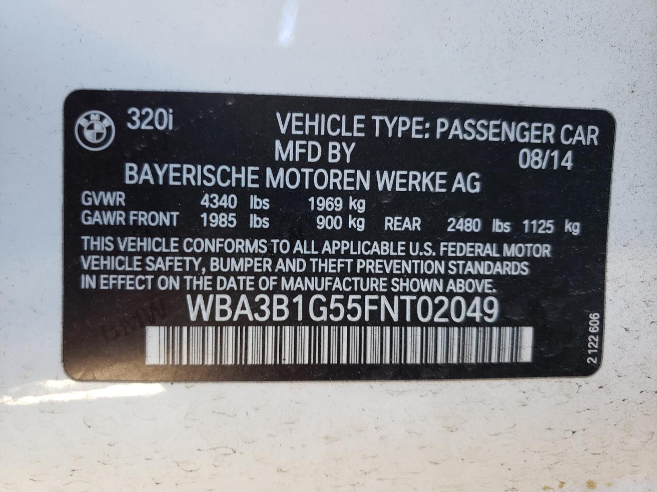 Photo 10 from auction – 2015 BMW 320 I with VIN WBA3B1G55FNT02049
