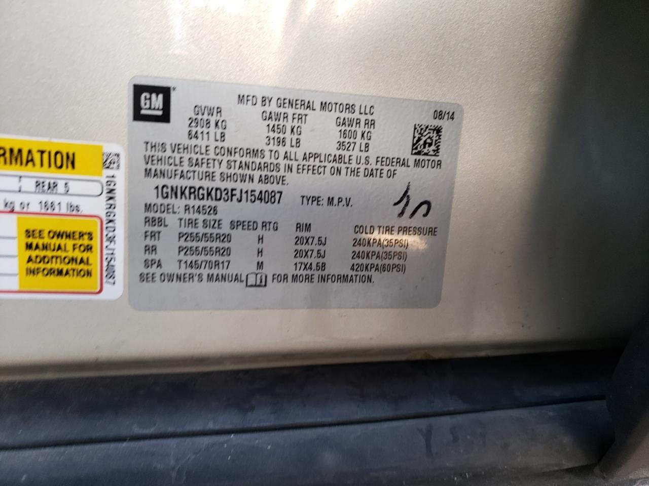 Photo 10 from auction – 2015 CHEVROLET TRAVERSE L with VIN 1GNKRGKD3FJ154087