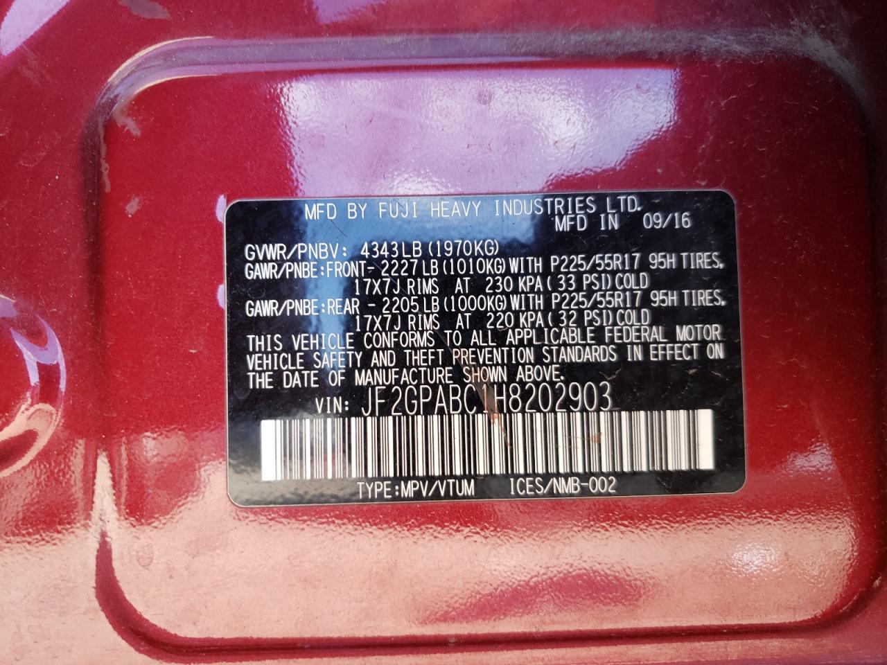 Photo 10 from auction – 2017 SUBARU CROSSTREK with VIN JF2GPABC1H8202903