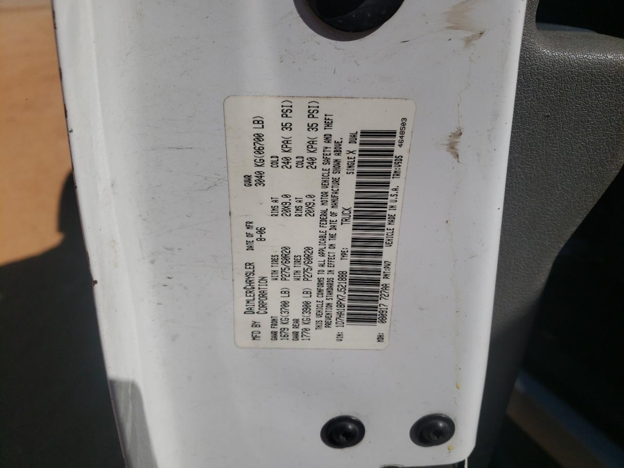Photo 10 from auction – 2007 DODGE RAM 1500 S with VIN 1D7HA18PX7J521888