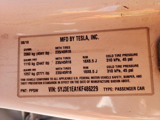 Photo 10 from auction – 2019 TESLA MODEL 3 with VIN 5YJ3E1EA1KF486229