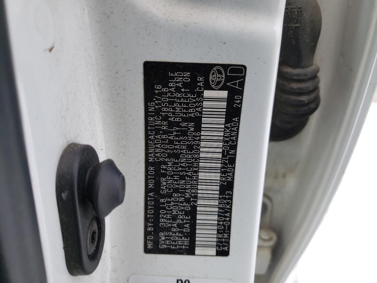 Photo 10 from auction – 2017 TOYOTA COROLLA L with VIN 2T1BURHEXHC802946