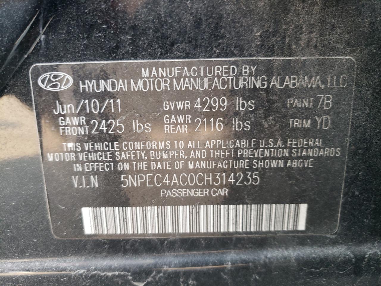 Photo 10 from auction – 2012 HYUNDAI SONATA SE with VIN 5NPEC4AC0CH314235
