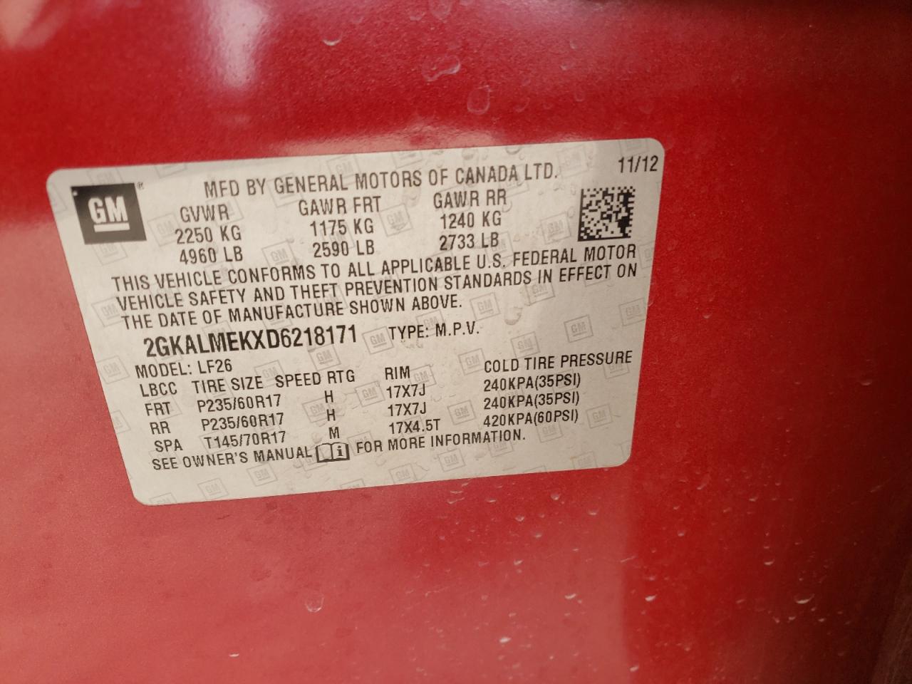Photo 10 from auction – 2013 GMC TERRAIN SL with VIN 2GKALMEKXD6218171