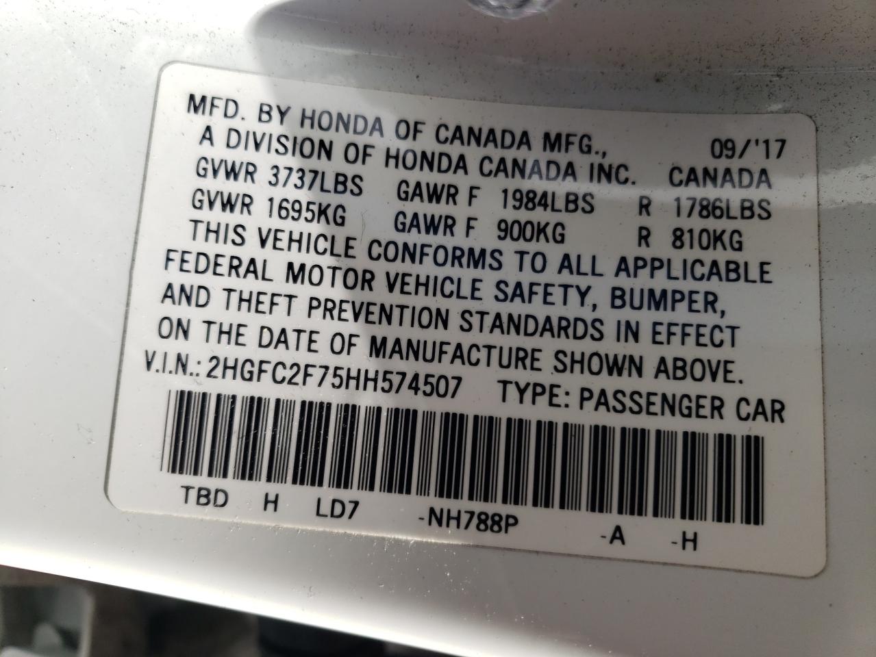 Photo 10 from auction – 2017 HONDA CIVIC EX with VIN 2HGFC2F75HH574507