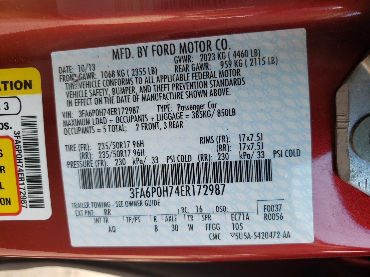 Photo 10 from auction – 2014 FORD FUSION SE with VIN 3FA6P0H74ER172987