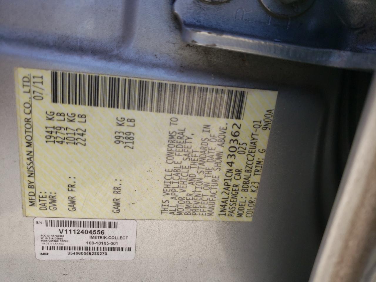 Photo 10 from auction – 2012 NISSAN ALTIMA BAS with VIN 1N4AL2AP1CN430362