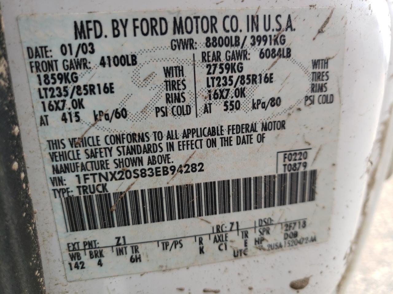 Photo 10 from auction – 2003 FORD F250 SUPER with VIN 1FTNX20S83EB94282