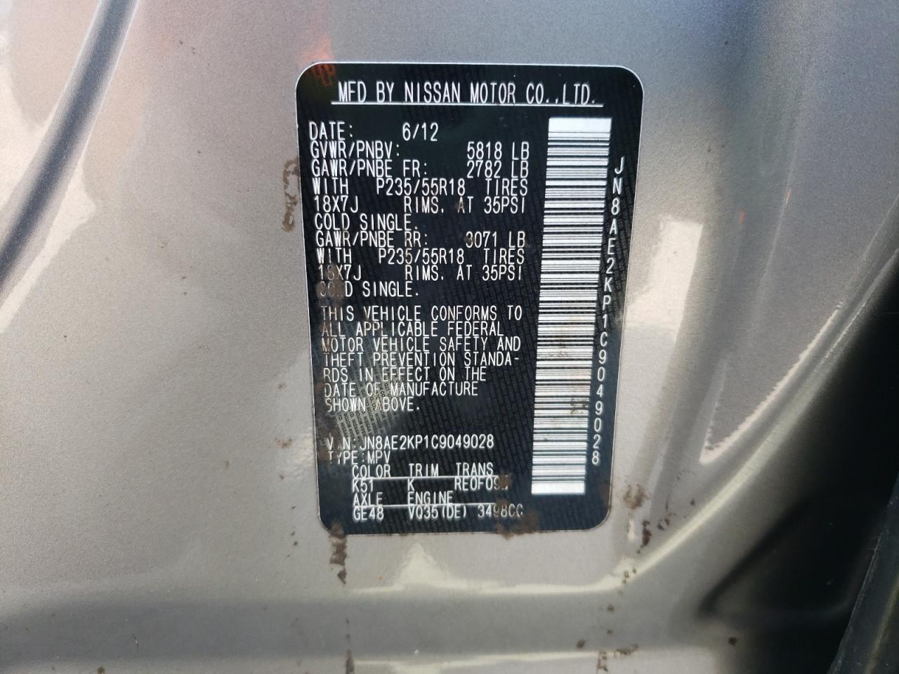 Photo 10 from auction – 2012 NISSAN QUEST S with VIN JN8AE2KP1C9049028