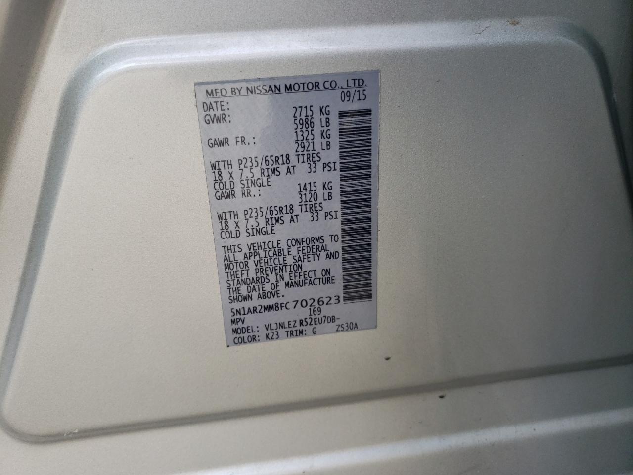 Photo 10 from auction – 2015 NISSAN PATHFINDER with VIN 5N1AR2MM8FC702623