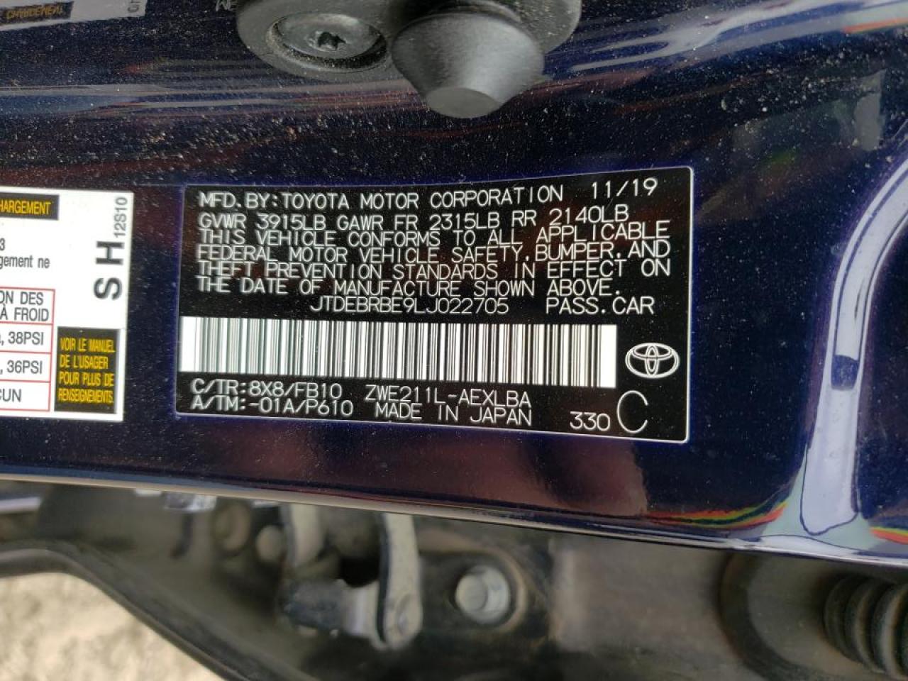 Photo 10 from auction – 2020 TOYOTA COROLLA LE with VIN JTDEBRBE9LJ022705