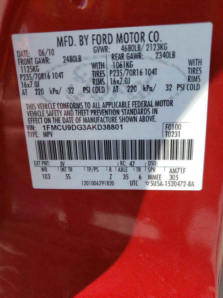 Photo 10 from auction – 2010 FORD ESCAPE XLT with VIN 1FMCU9DG3AKD38801