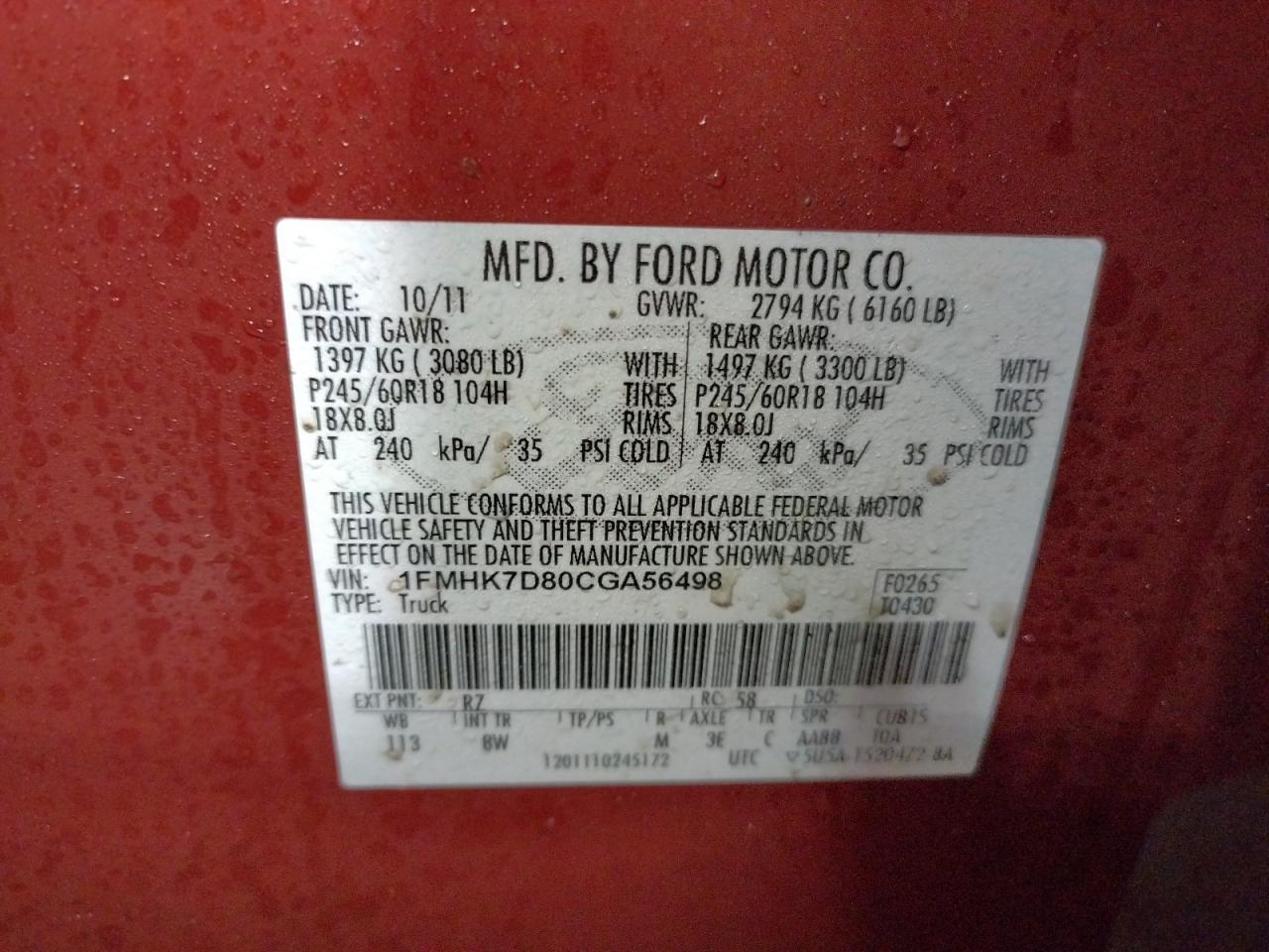 Photo 10 from auction – 2012 FORD EXPLORER X with VIN 1FMHK7D80CGA56498