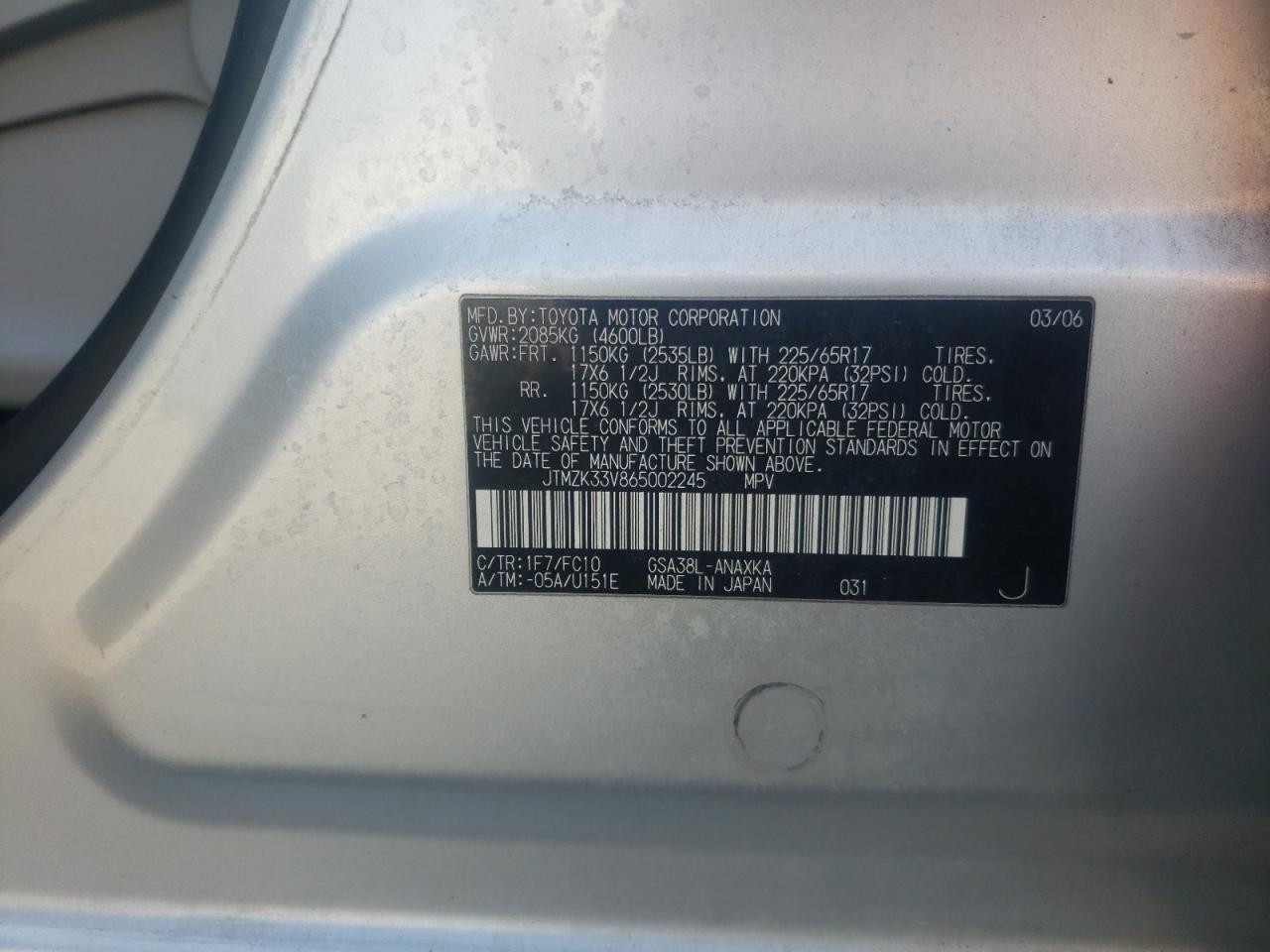 Photo 10 from auction – 2006 TOYOTA RAV4 with VIN JTMZK33V865002245