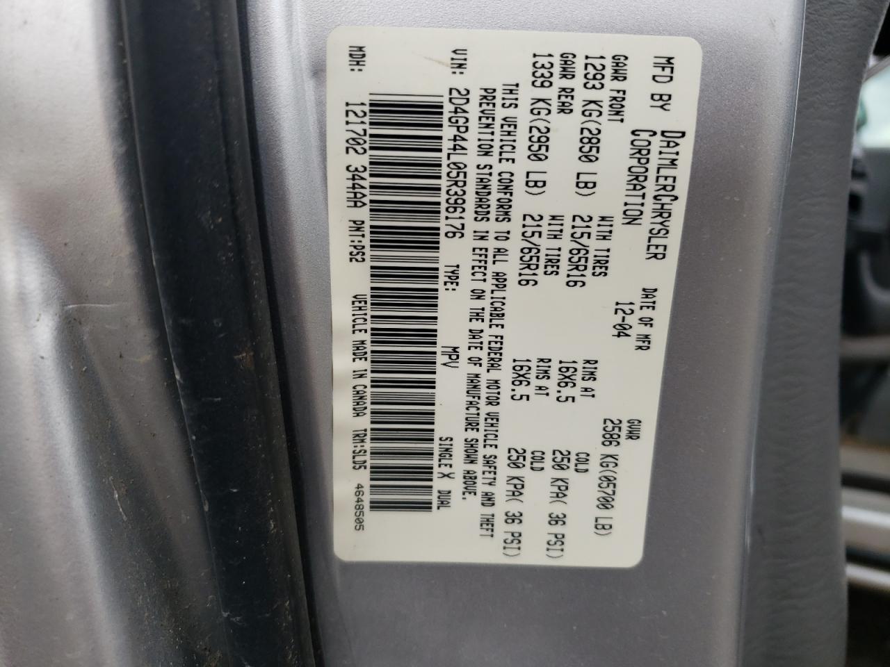 Photo 10 from auction – 2005 DODGE GRAND CARA with VIN 2D4GP44L05R396176