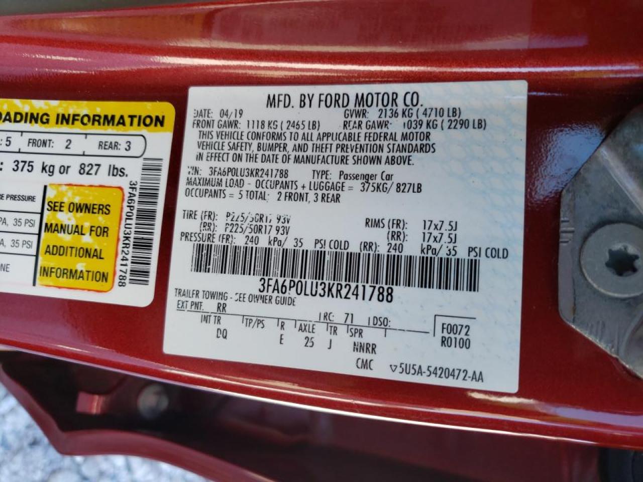 Photo 10 from auction – 2019 FORD FUSION SE with VIN 3FA6P0LU3KR241788
