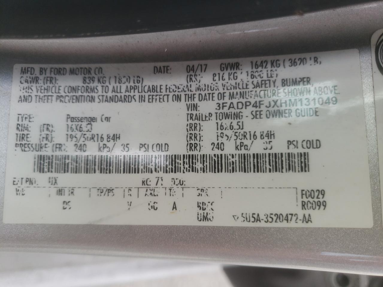 Photo 10 from auction – 2017 FORD FIESTA TIT with VIN 3FADP4FJXHM131049
