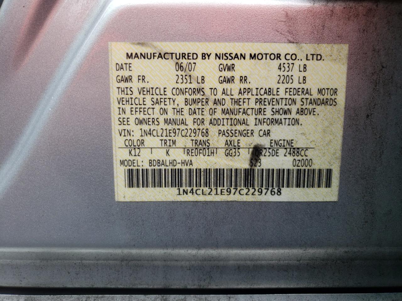 Photo 10 from auction – 2007 NISSAN ALTIMA HYB with VIN 1N4CL21E97C229768