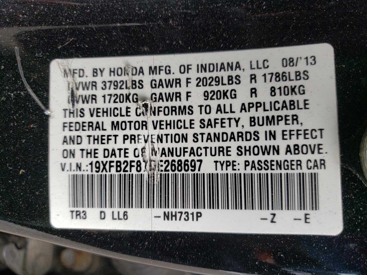 Photo 10 from auction – 2013 HONDA CIVIC EX with VIN 19XFB2F87DE268697