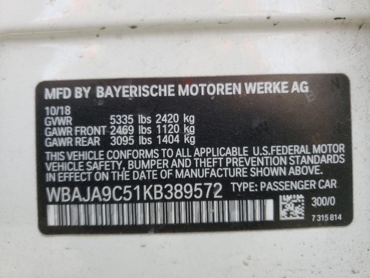 Photo 10 from auction – 2019 BMW 530E with VIN WBAJA9C51KB389572
