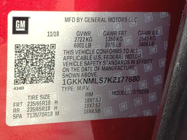Photo 10 from auction – 2019 GMC ACADIA SLT with VIN 1GKKNMLS7KZ177680